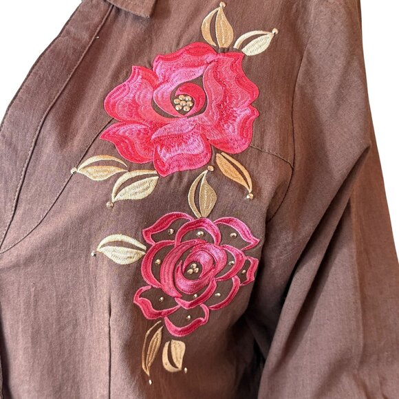 Panhandle Slim Embroidered Shirt Womens Large Brown Floral Long Sleeve Cotton - Picture 4 of 8